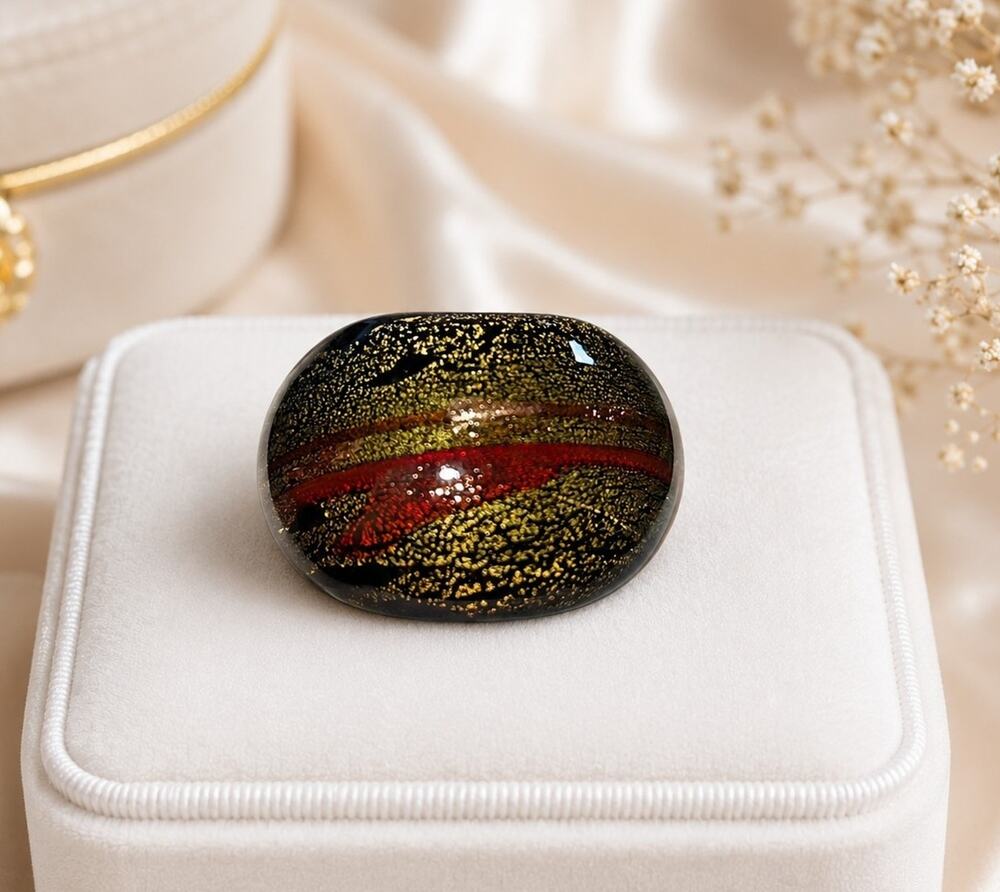 Black Art Glass Ring Gold Foil Red Swirl Statement Ring Size 9 #EA1